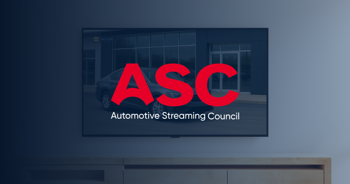 Automotive Streaming Council (ASC) Logo on a image of a dealership car advertisement on a CTV screen.