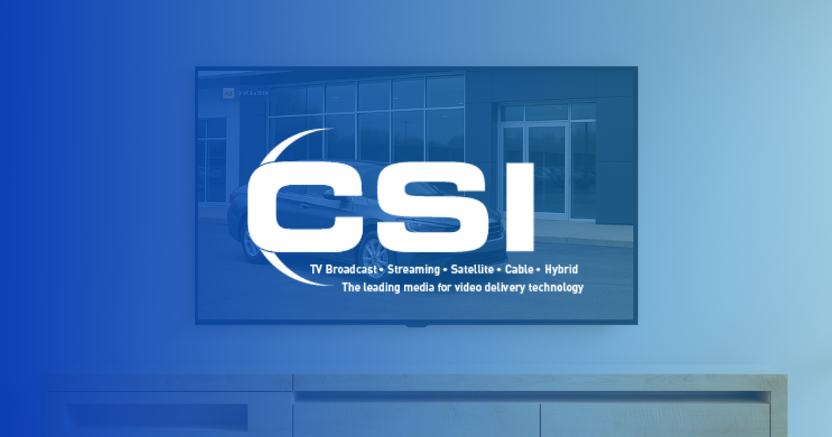 CSI logo overlayed on the Automotive Streaming Council's hero image of a car ad on a Connected TV