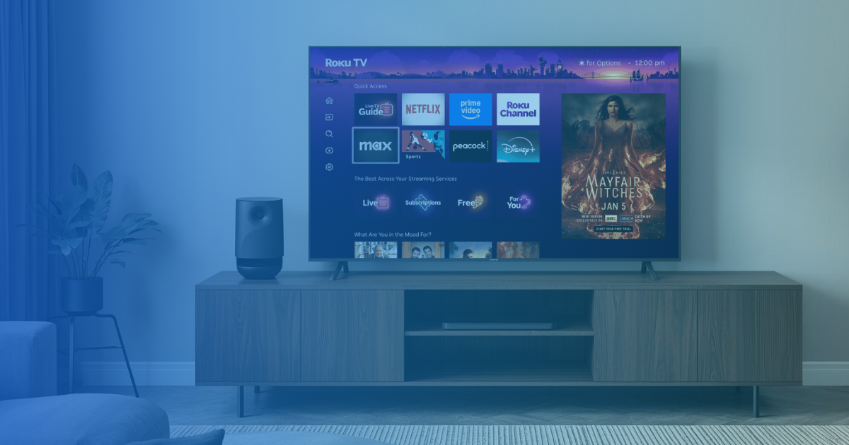 Smart TV and bluetooth speaker in living room. Blue overlay